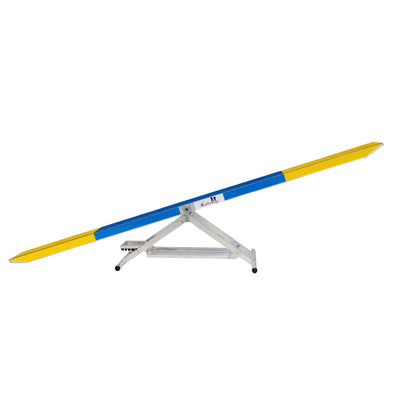 Full length view of Callieway dog agility seesaw with yellow blue board