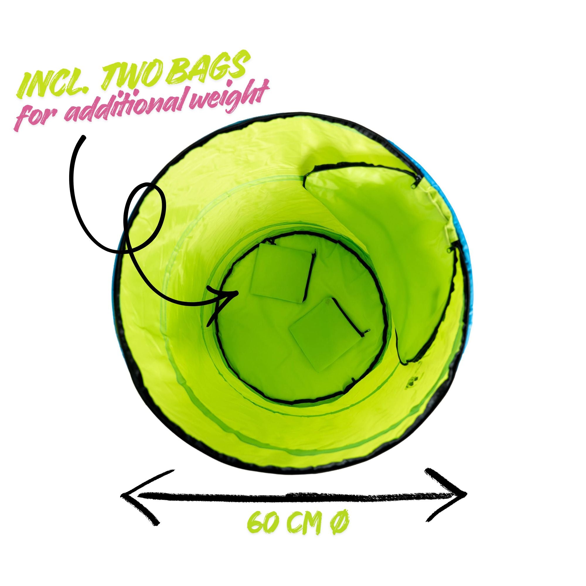 Lime green Callieway hoopers tunnel front view showing 60 cm diameter, includes two bags for additional weight