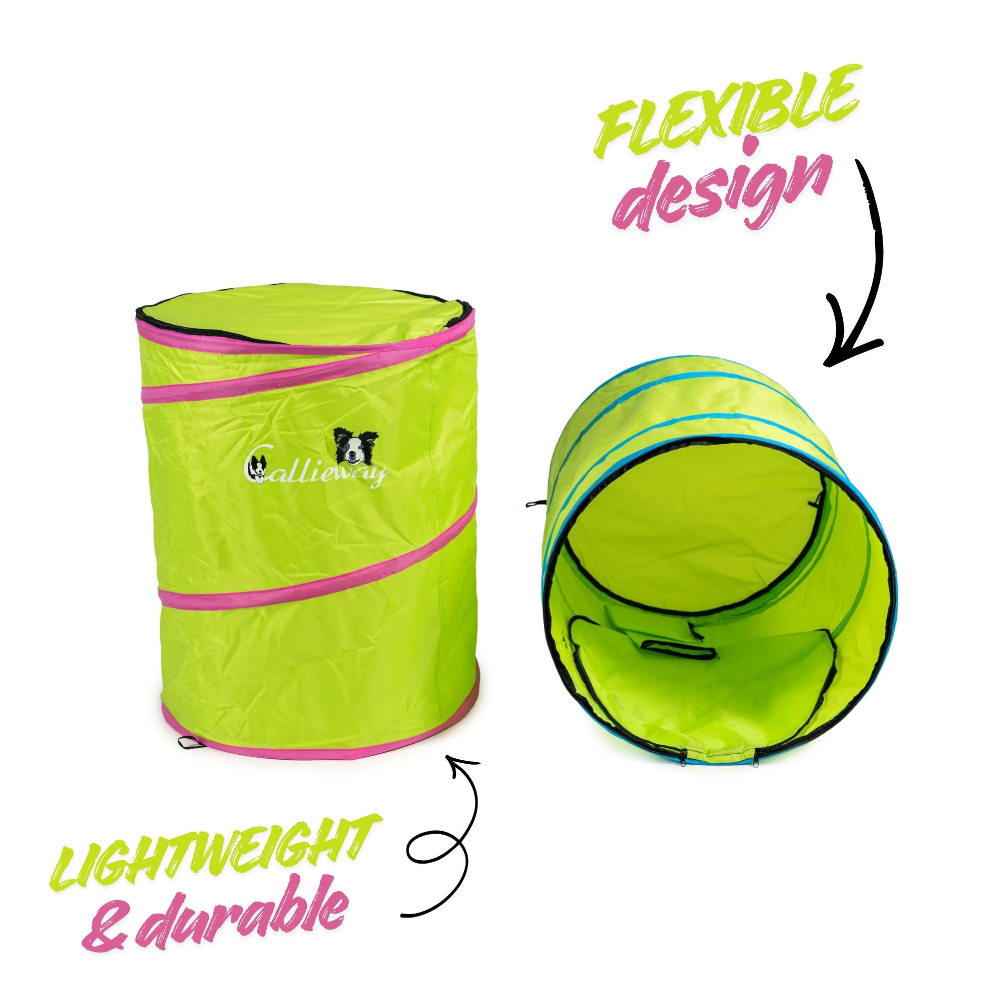 Flexible and lightweight Callieway BOLO-des-Alpes hoopers tunnel in lime green, shown upright and on its side