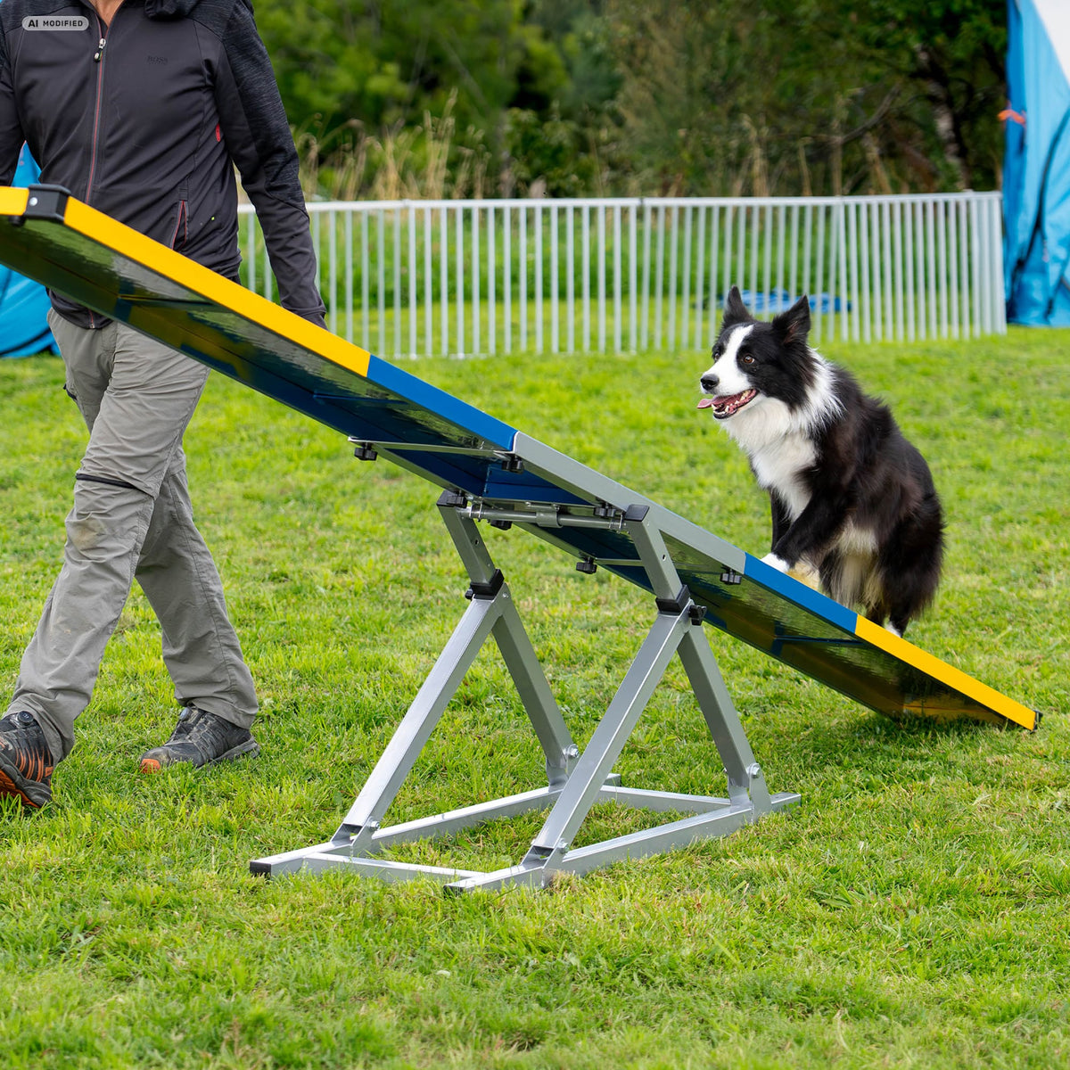 Blue and yellow Callieway dog seesaw as part of an agility course