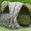 Callieway Pop-Up Pavillon im Camouflage Design mit Border Collie vor dem geöffneten Zelt