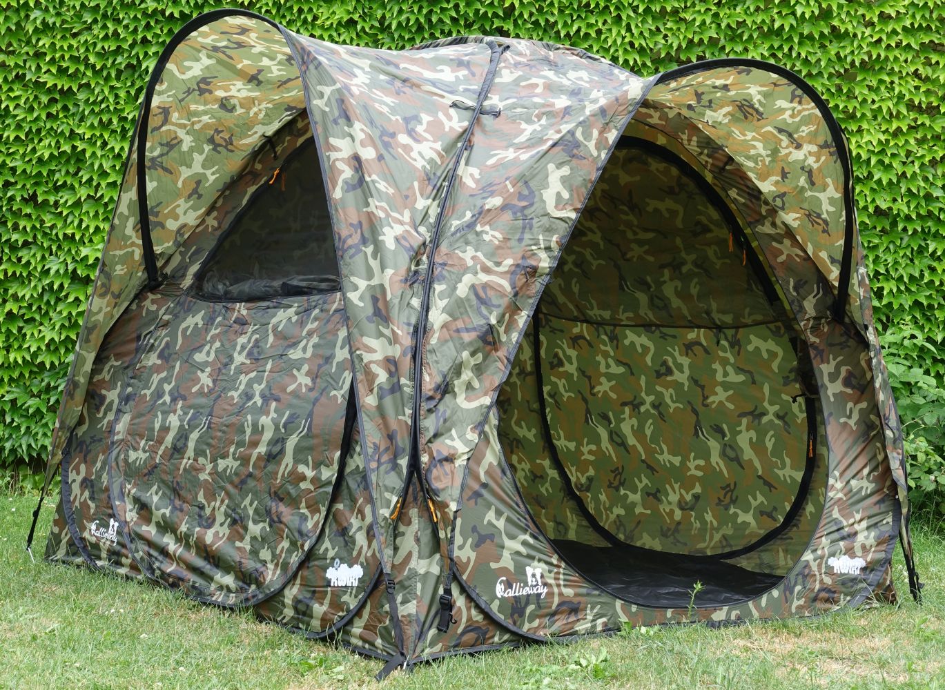 Callieway Pop-Up Pavillon im Camouflage Design mit Border Collie vor dem geöffneten Zelt