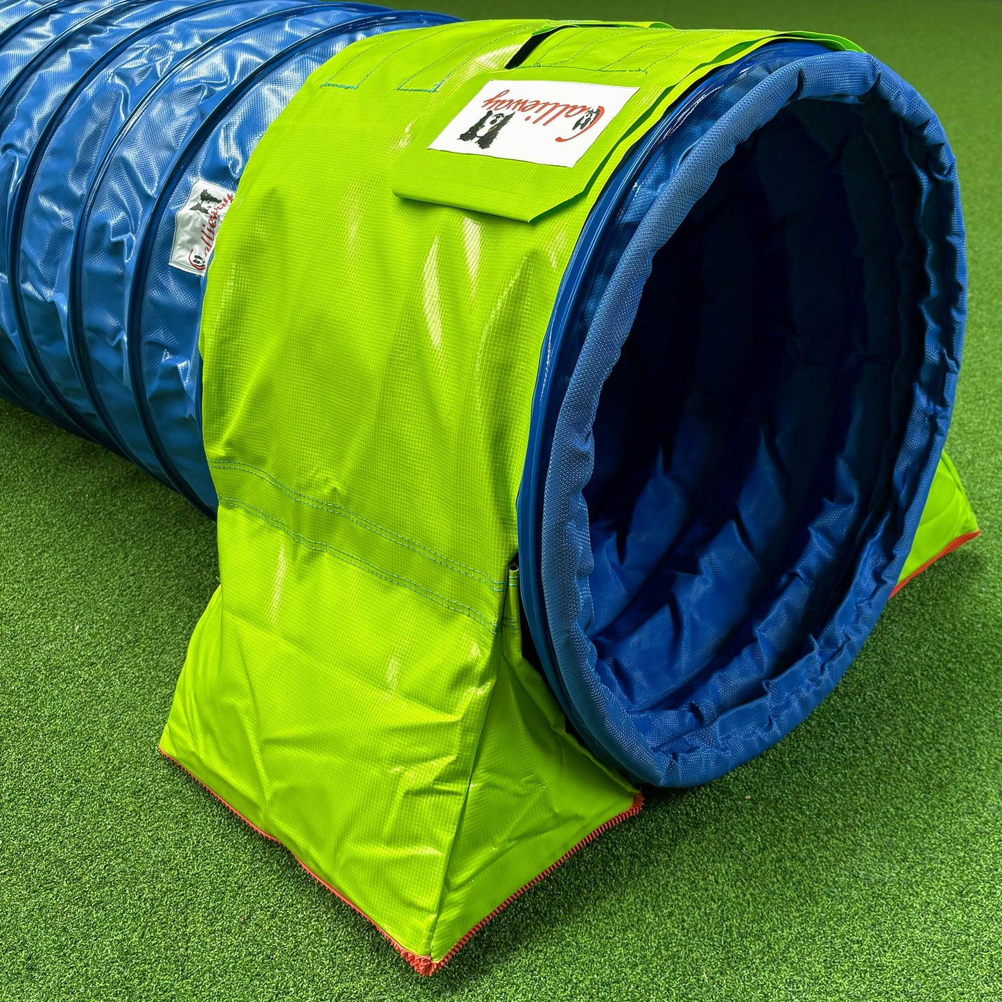 Callieway Stützsandsack Lime am Agility Tunnel im Training