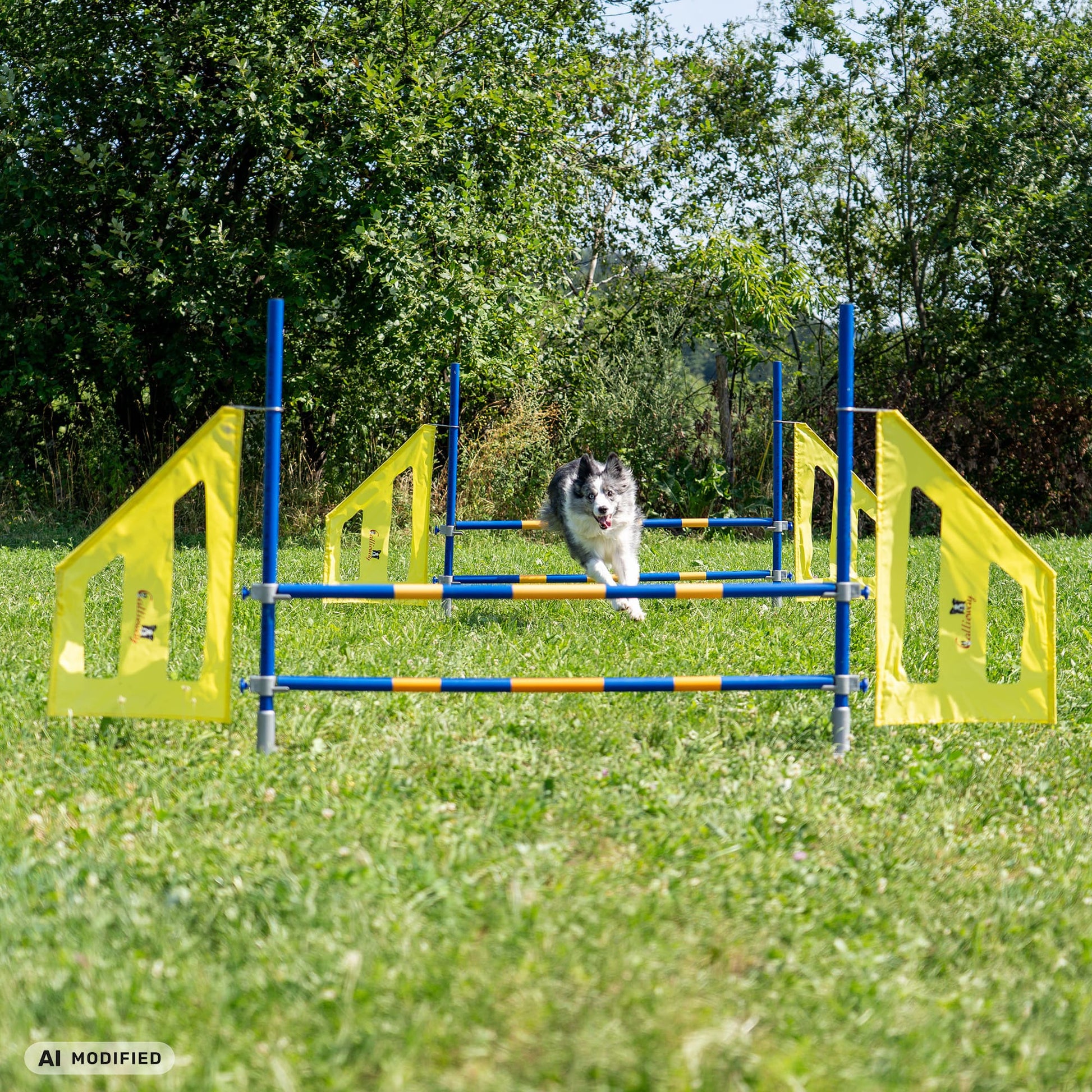 Callieway® Agility Fun Hürde Hund nähert sich Sprung outdoor grüner Hintergrund
