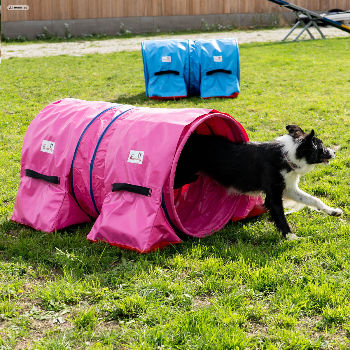 Border Collie running through a fuchsia Callieway Hoopers agility tunnel, 60 cm diameter