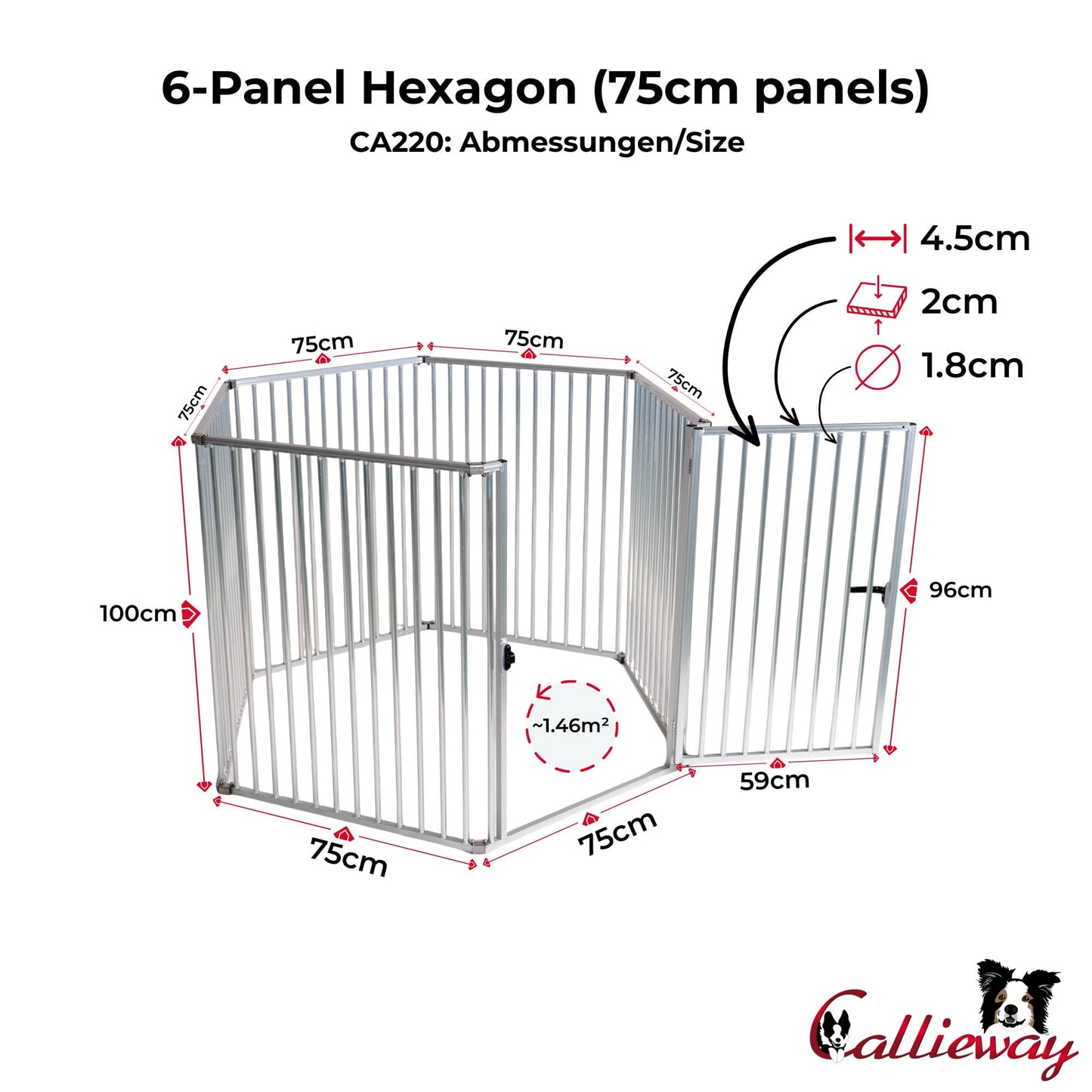 Assembly diagram of the Callieway 6-panel hexagon dog playpen with 75 cm panels.