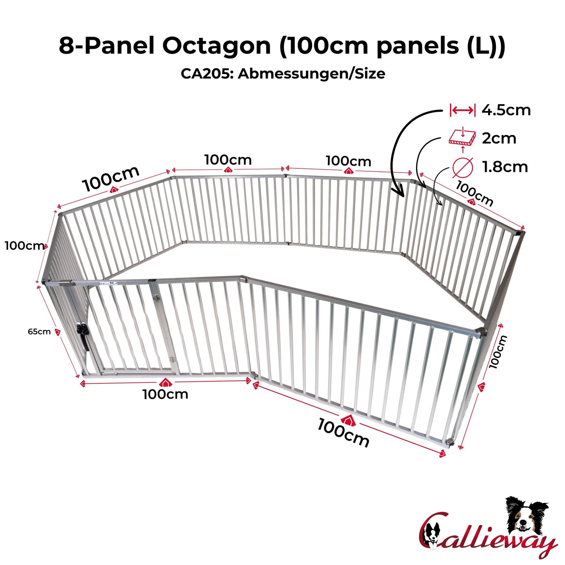 Technical illustration of the Callieway 8-panel hexagon dog playpen with 100 cm panels.