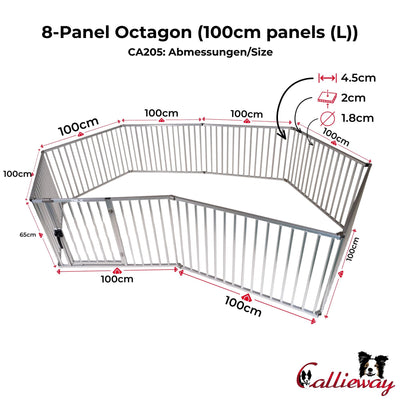 Technical illustration of the Callieway 8-panel hexagon dog playpen with 100 cm panels.