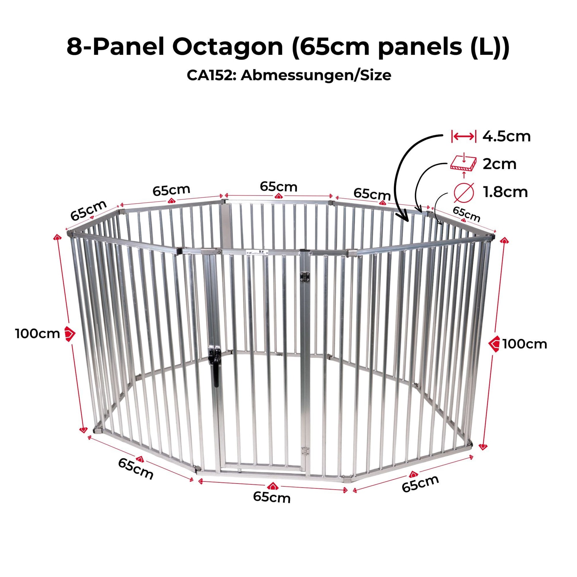 Technical diagram showing the Callieway 8-panel hexagon dog playpen with 65 cm panels.