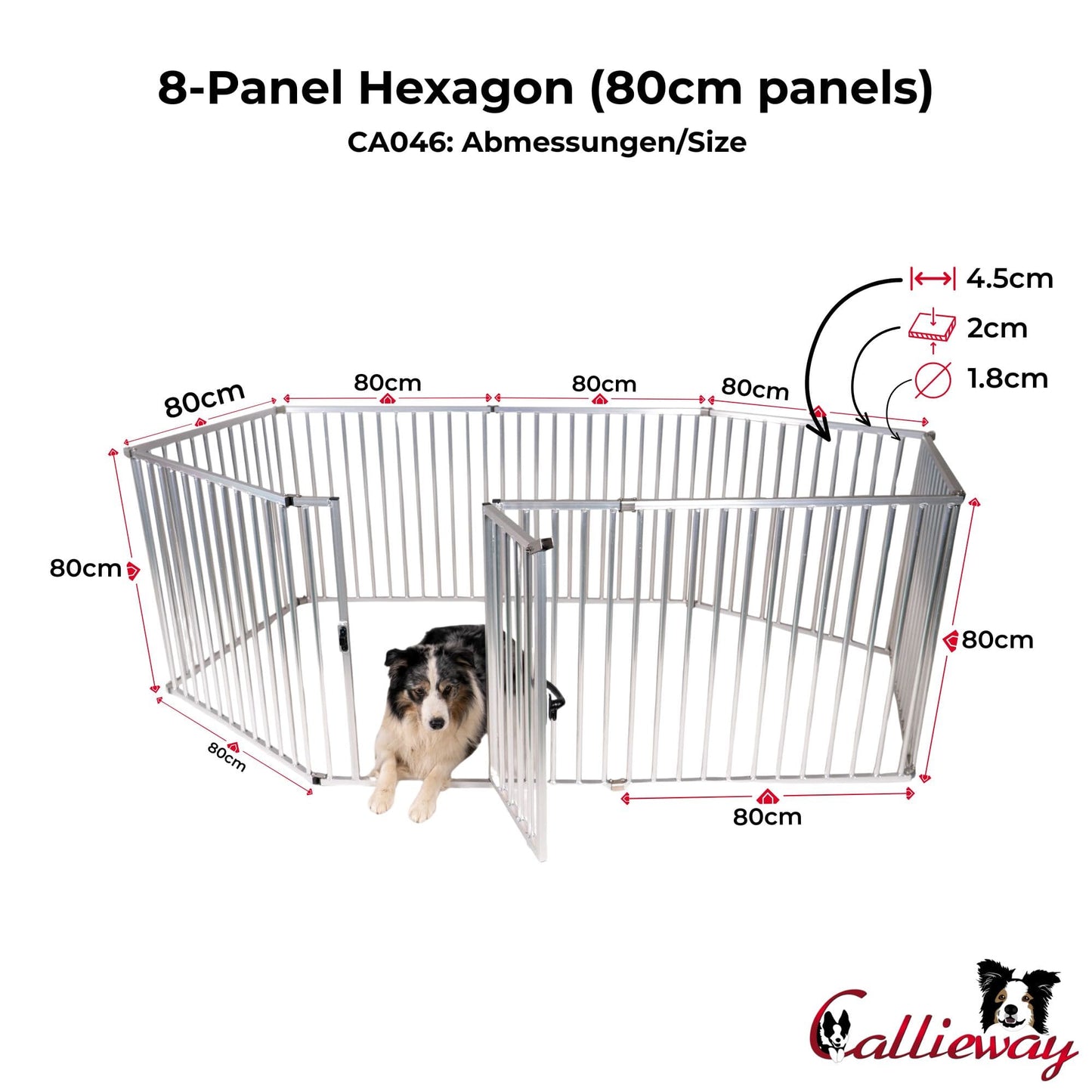 Assembly diagram of the Callieway 8-panel hexagon dog playpen with 80 × 80 cm panels.