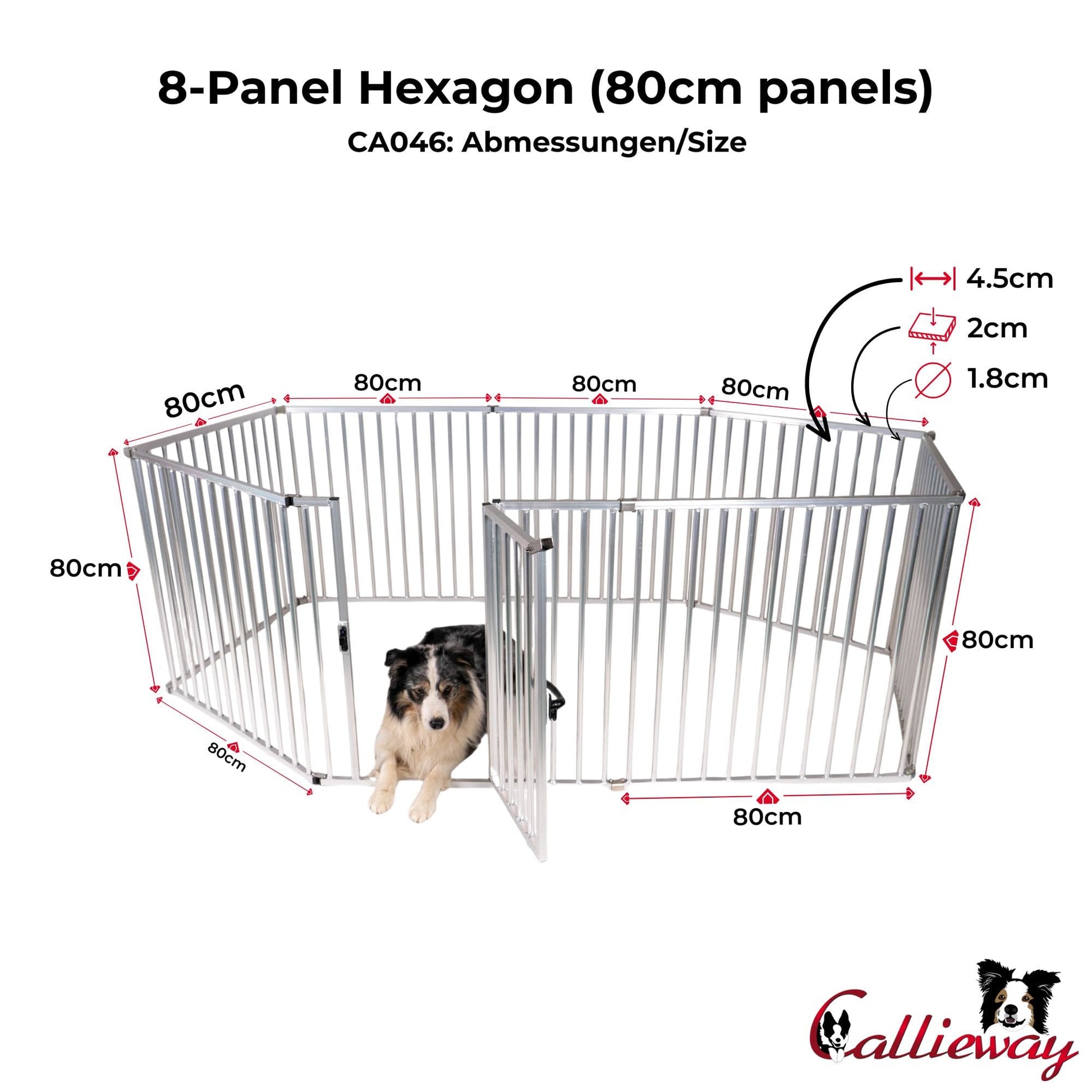 Assembly diagram of the Callieway 8-panel hexagon dog playpen with 80 × 80 cm panels.