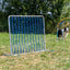 Blue Callieway Hoopers Barrel Gate obstacle on an outdoor dog training course.